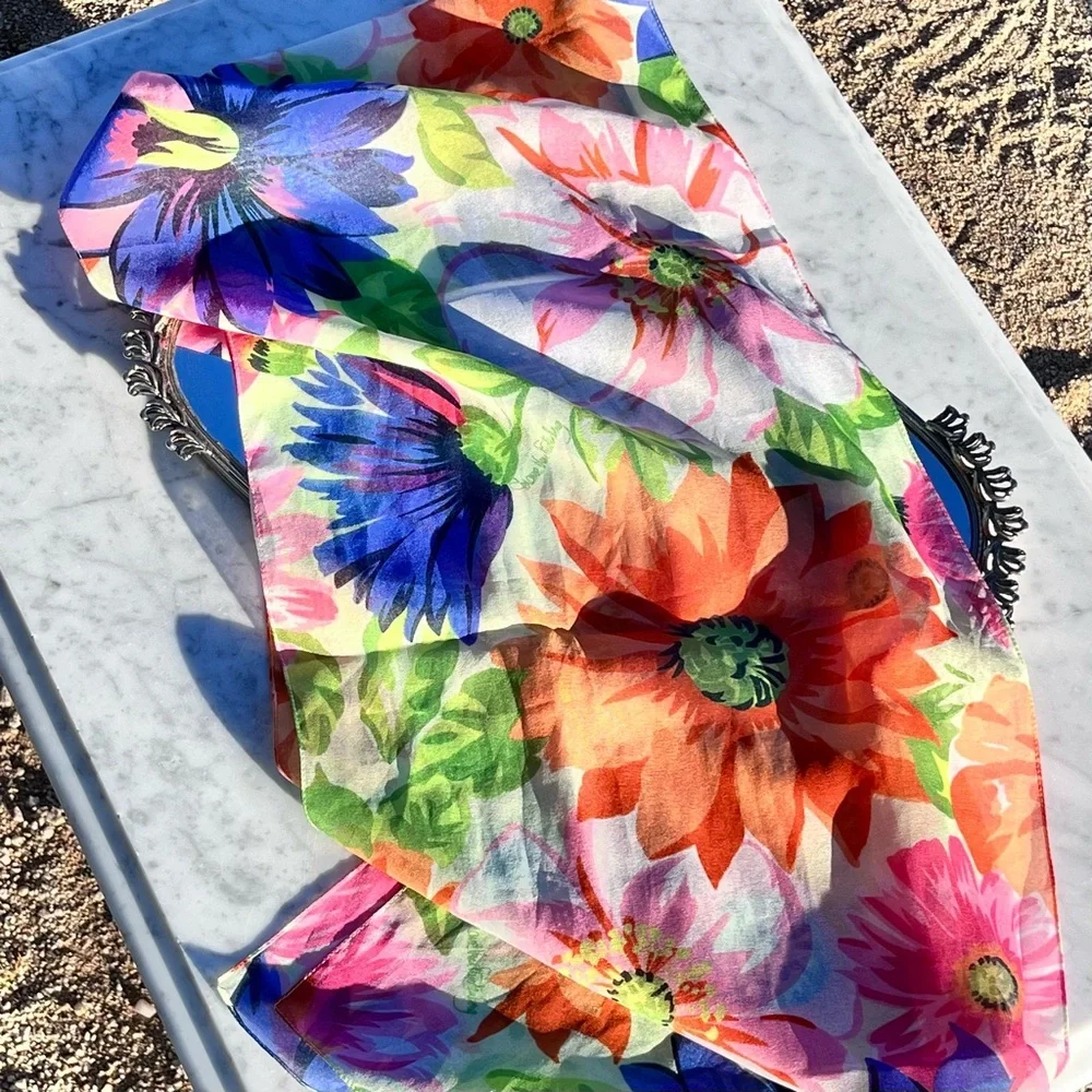 Vintage Diane Von Furstenberg Floral Scarf, Italy, Rectangle, Blue Orange Green